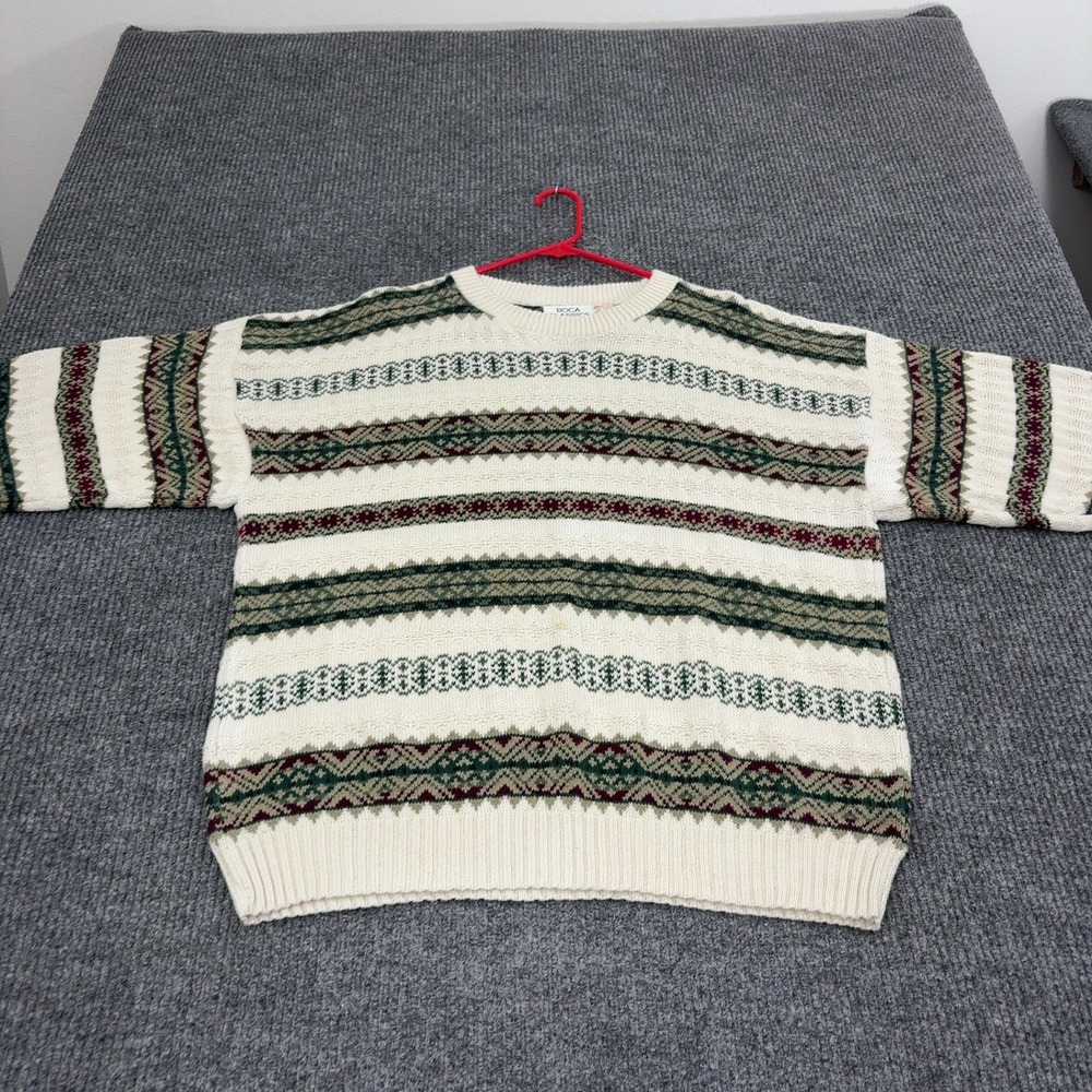 Vintage Boca Classics Sweater Men XL Multicolor Cotton Fair Isle Geometric Retro
